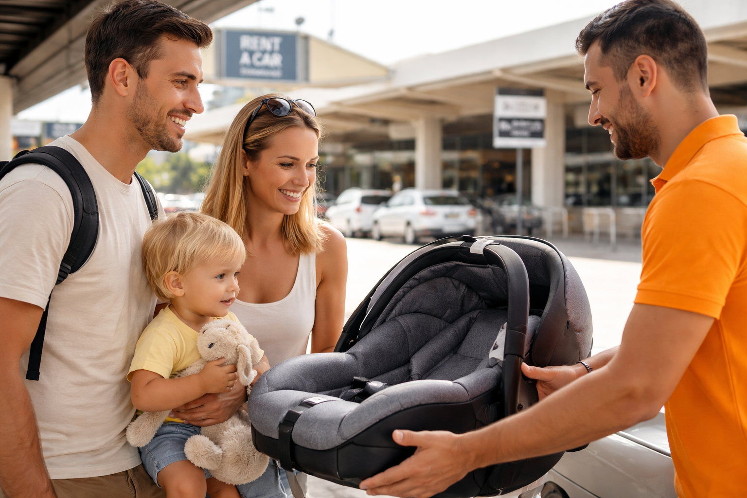 famille avec siège auto à l’aéroport de Palma Majorque