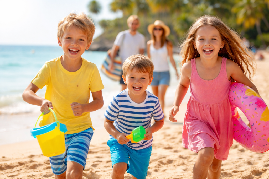 familia con niños jugando en la playa en Mallorca