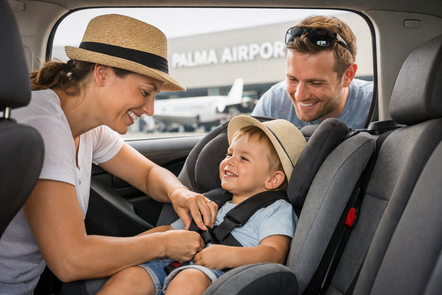 family installing car seat at Palma airport Mallorca rental car