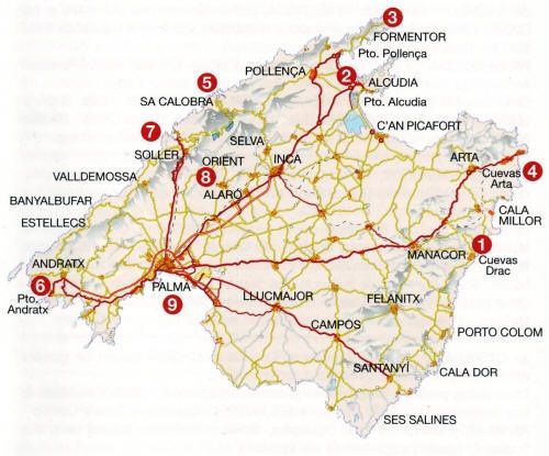 Mallorca Karte mit touristischen Zonen und Flughafen Palma zur Reiseplanung