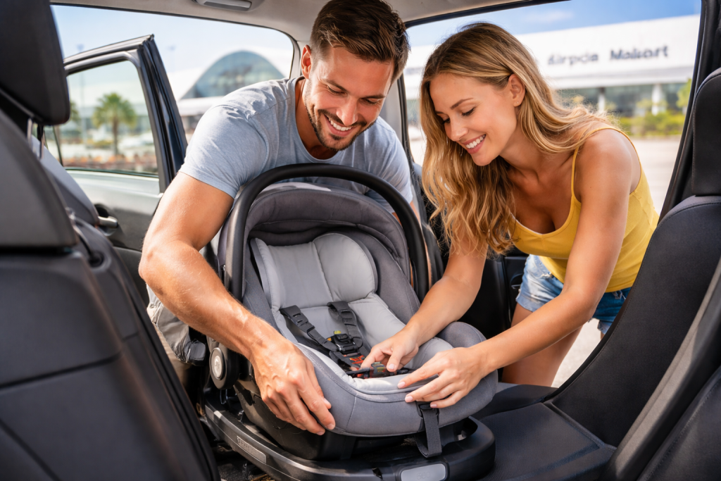 familia instalando en un coche la silla para niños