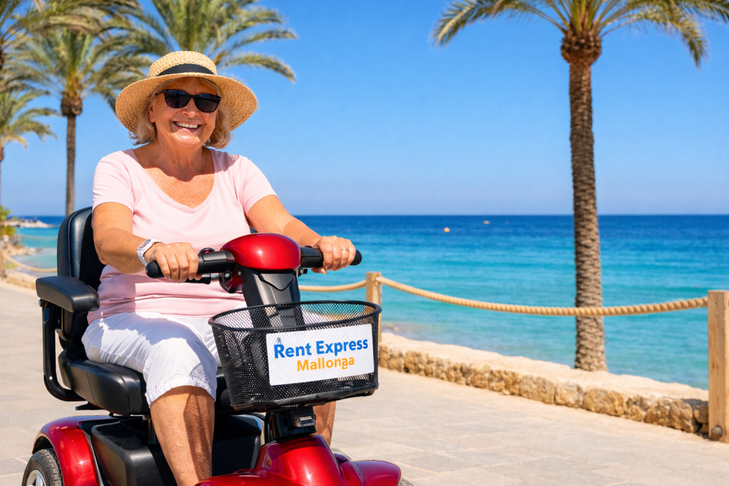 persona usando scooter de movilidad junto al mar mediterráneo en Mallorca