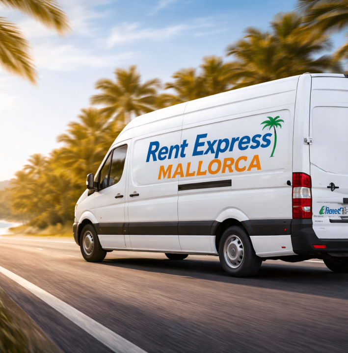 Rent Express Mallorca delivery van driving on coastal road in Mallorca