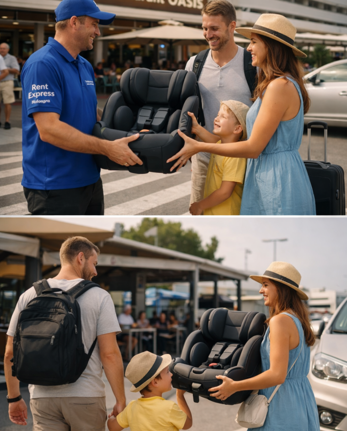 Livreur avec un siège de voitures aéroport de Palma